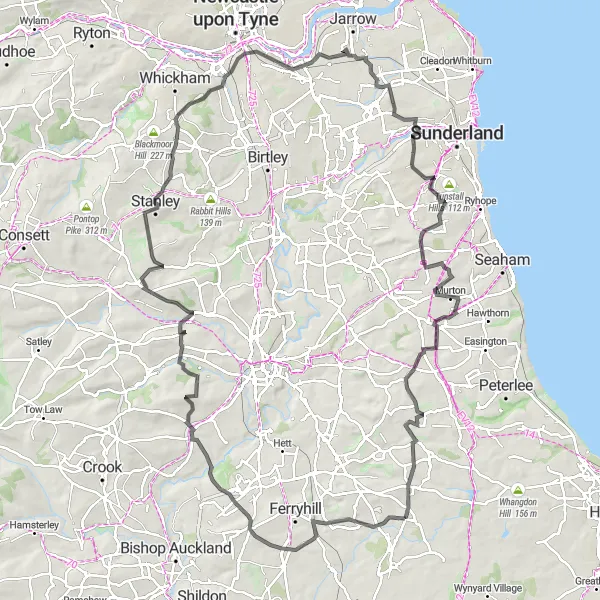 Map miniature of "Spirit of the Coalfields" cycling inspiration in Tees Valley and Durham, United Kingdom. Generated by Tarmacs.app cycling route planner