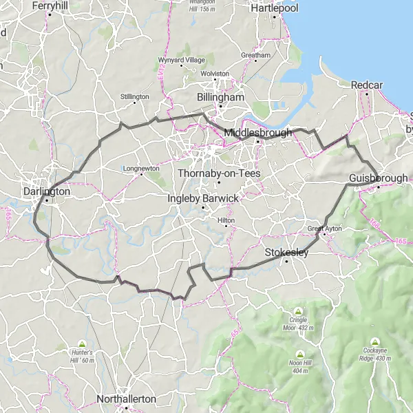 Map miniature of "Moors and Valleys Loop" cycling inspiration in Tees Valley and Durham, United Kingdom. Generated by Tarmacs.app cycling route planner