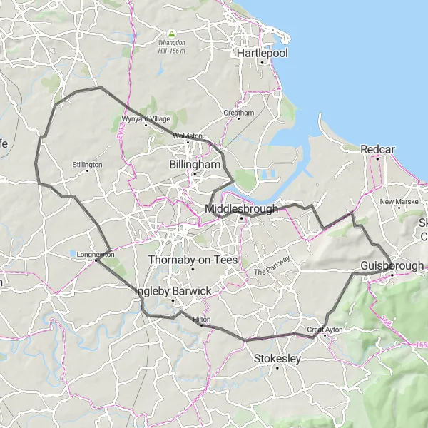 Map miniature of "Exploring Towns and Coastal Beauty: Great Ayton, Yarm, and Middlesbrough" cycling inspiration in Tees Valley and Durham, United Kingdom. Generated by Tarmacs.app cycling route planner