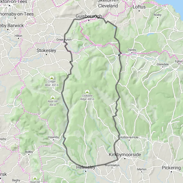 Map miniature of "The Guisborough Challenge: Forests, Peaks, and Moors" cycling inspiration in Tees Valley and Durham, United Kingdom. Generated by Tarmacs.app cycling route planner