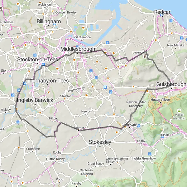 Map miniature of "Road Route Great Ayton and Middlesbrough" cycling inspiration in Tees Valley and Durham, United Kingdom. Generated by Tarmacs.app cycling route planner