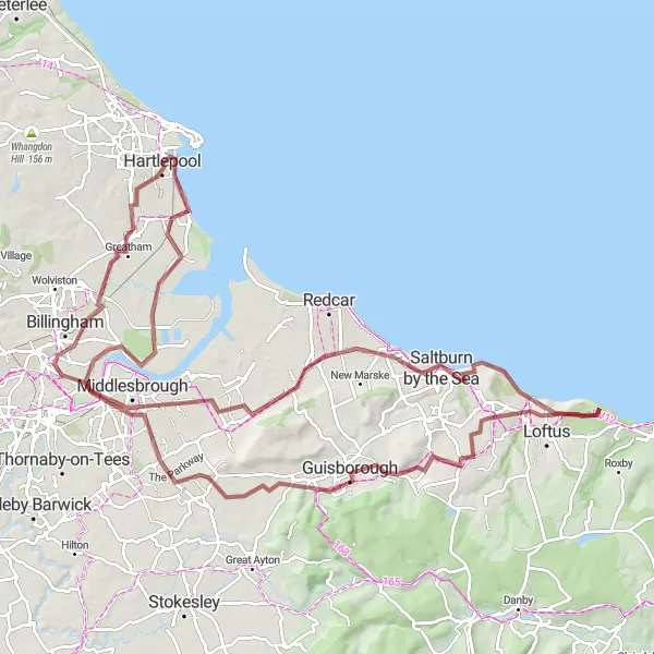 Map miniature of "Coastal Gravel Adventure" cycling inspiration in Tees Valley and Durham, United Kingdom. Generated by Tarmacs.app cycling route planner