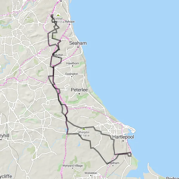 Map miniature of "The Coastal Hills Loop" cycling inspiration in Tees Valley and Durham, United Kingdom. Generated by Tarmacs.app cycling route planner