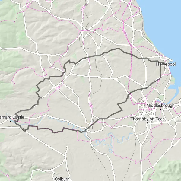 Map miniature of "The East County Explorer" cycling inspiration in Tees Valley and Durham, United Kingdom. Generated by Tarmacs.app cycling route planner