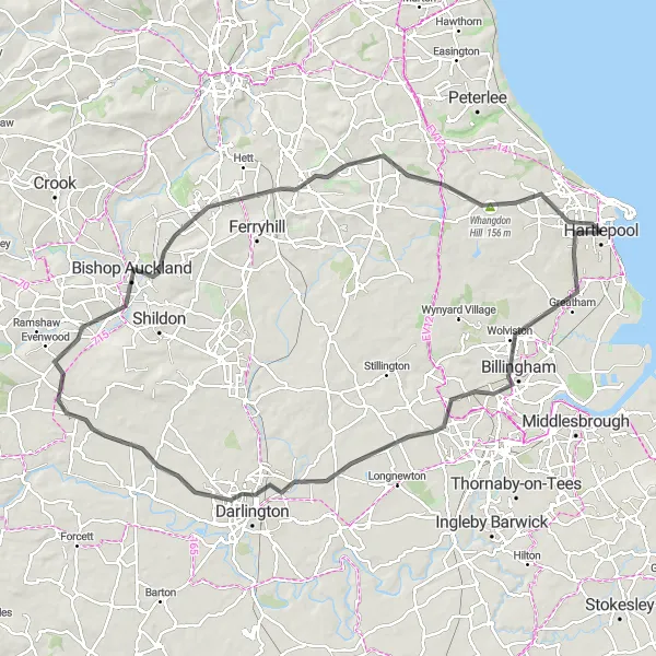 Map miniature of "The Hillside Adventure" cycling inspiration in Tees Valley and Durham, United Kingdom. Generated by Tarmacs.app cycling route planner