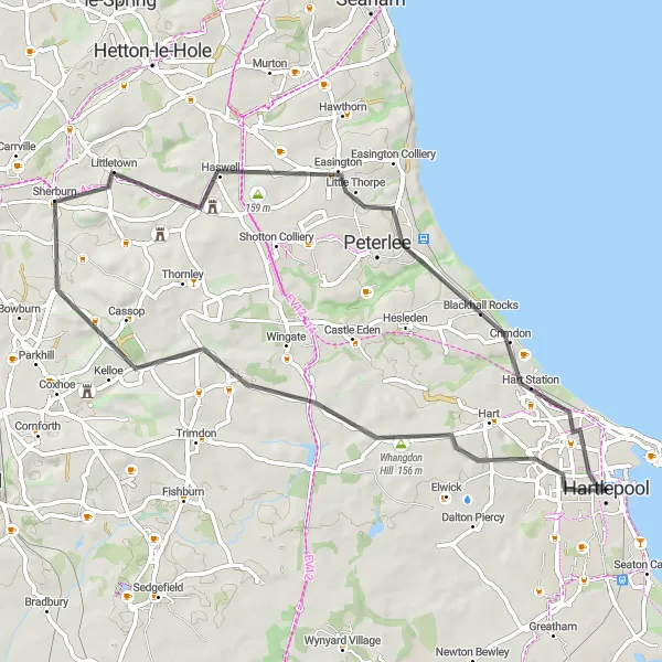 Map miniature of "Haswell and Hartlepool Circuit" cycling inspiration in Tees Valley and Durham, United Kingdom. Generated by Tarmacs.app cycling route planner
