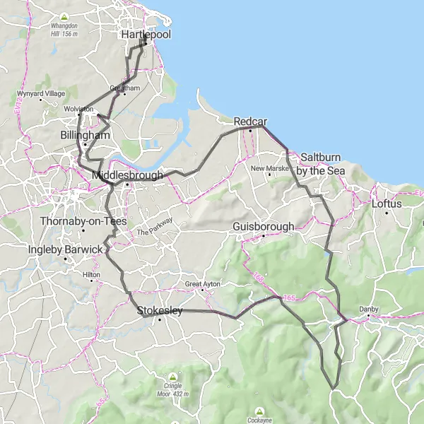 Map miniature of "Cleveland Hills and Coastal Adventure" cycling inspiration in Tees Valley and Durham, United Kingdom. Generated by Tarmacs.app cycling route planner