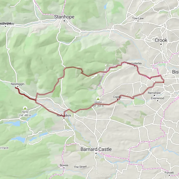 Map miniature of "High Etherley Loop" cycling inspiration in Tees Valley and Durham, United Kingdom. Generated by Tarmacs.app cycling route planner