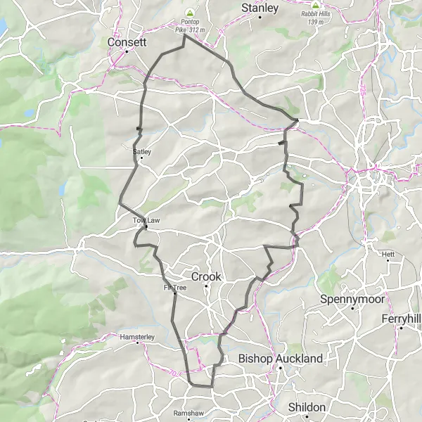 Map miniature of "Fir Tree Loop" cycling inspiration in Tees Valley and Durham, United Kingdom. Generated by Tarmacs.app cycling route planner