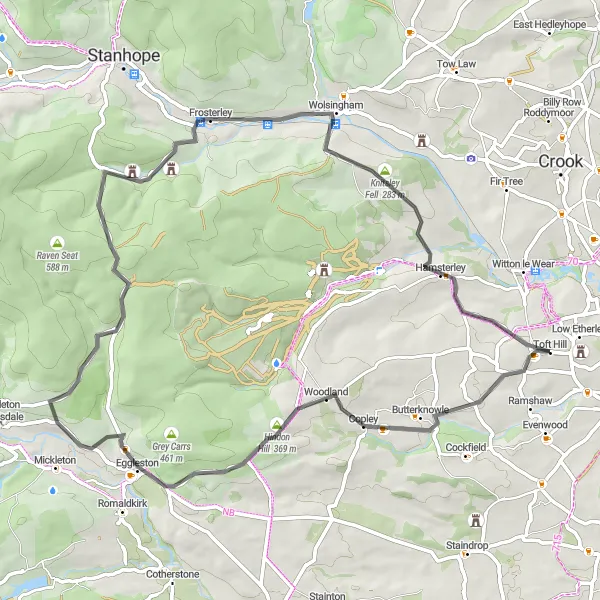 Map miniature of "Hills and Valleys" cycling inspiration in Tees Valley and Durham, United Kingdom. Generated by Tarmacs.app cycling route planner