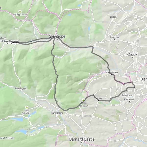 Map miniature of "The Hills of Low Etherley" cycling inspiration in Tees Valley and Durham, United Kingdom. Generated by Tarmacs.app cycling route planner