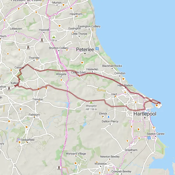 Map miniature of "Castle Eden Gravel Adventure" cycling inspiration in Tees Valley and Durham, United Kingdom. Generated by Tarmacs.app cycling route planner