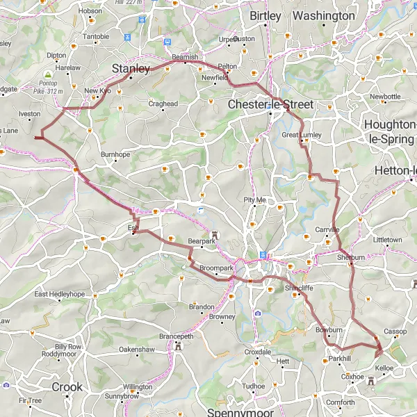 Map miniature of "Kelloe Heritage Gravel Ride" cycling inspiration in Tees Valley and Durham, United Kingdom. Generated by Tarmacs.app cycling route planner