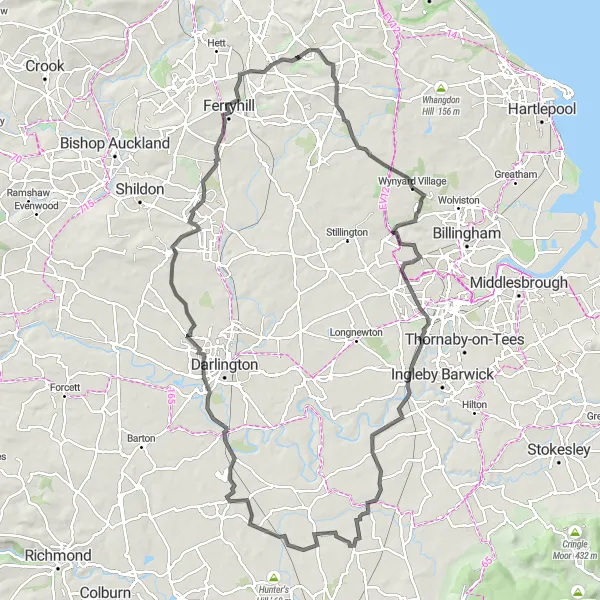 Map miniature of "Wynyard Village Road Expedition" cycling inspiration in Tees Valley and Durham, United Kingdom. Generated by Tarmacs.app cycling route planner