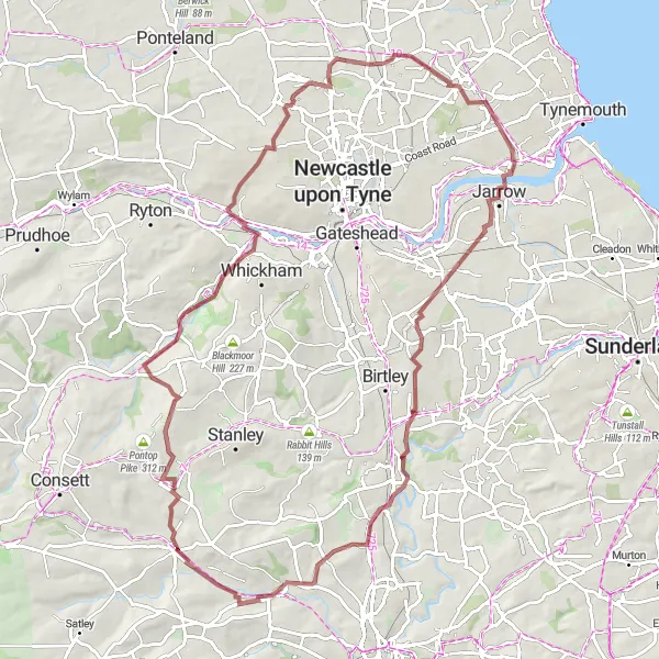 Map miniature of "Greencroft Gravel Adventure" cycling inspiration in Tees Valley and Durham, United Kingdom. Generated by Tarmacs.app cycling route planner