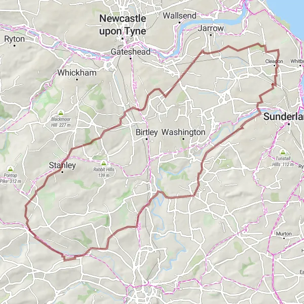 Map miniature of "Stanley Gravel Adventure" cycling inspiration in Tees Valley and Durham, United Kingdom. Generated by Tarmacs.app cycling route planner