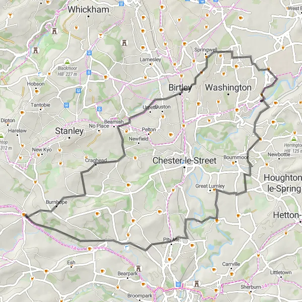 Map miniature of "Hills and Beauty Road Circuit" cycling inspiration in Tees Valley and Durham, United Kingdom. Generated by Tarmacs.app cycling route planner