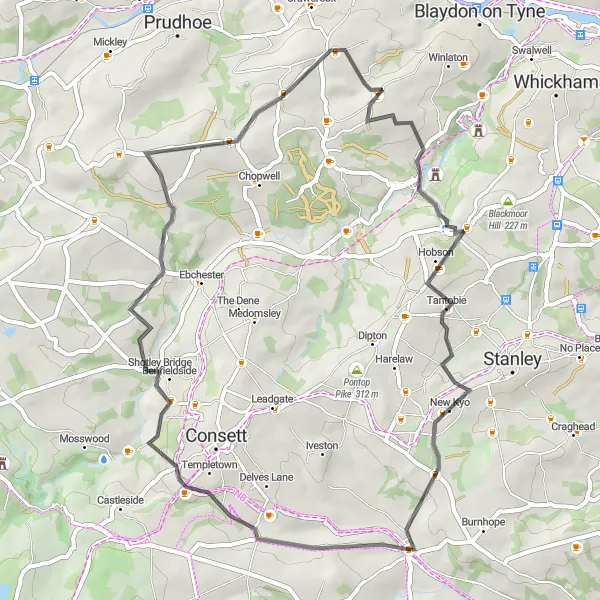 Map miniature of "Shotley Bridge Scenic Road Ride" cycling inspiration in Tees Valley and Durham, United Kingdom. Generated by Tarmacs.app cycling route planner