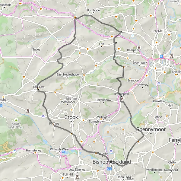 Map miniature of "Historical Landmarks and Rolling Hills Road Loop" cycling inspiration in Tees Valley and Durham, United Kingdom. Generated by Tarmacs.app cycling route planner
