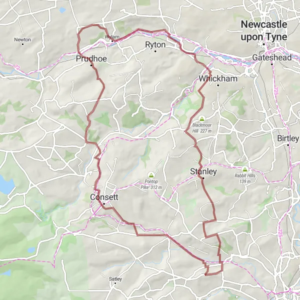 Map miniature of "Newbiggin and Langley Park Gravel Route" cycling inspiration in Tees Valley and Durham, United Kingdom. Generated by Tarmacs.app cycling route planner