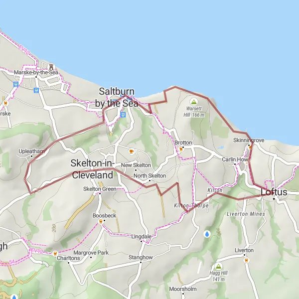 Map miniature of "Skelton and Saltburn Gravel Route" cycling inspiration in Tees Valley and Durham, United Kingdom. Generated by Tarmacs.app cycling route planner