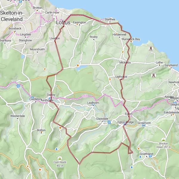 Map miniature of "Staithes and Liverton Gravel Loop" cycling inspiration in Tees Valley and Durham, United Kingdom. Generated by Tarmacs.app cycling route planner