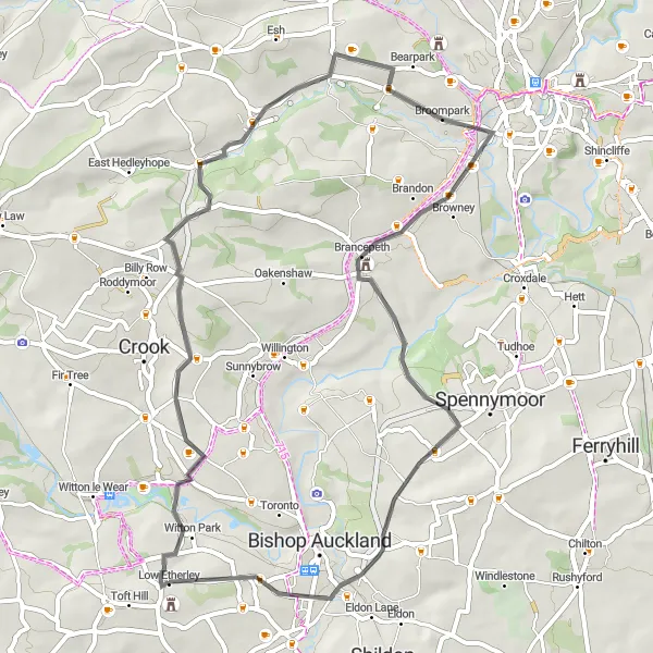 Map miniature of "Etherley Grange Loop" cycling inspiration in Tees Valley and Durham, United Kingdom. Generated by Tarmacs.app cycling route planner