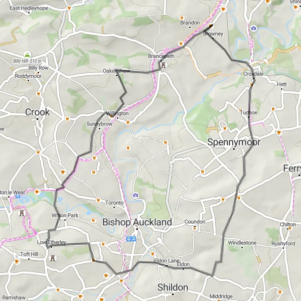 Map miniature of "Etherley Explorer" cycling inspiration in Tees Valley and Durham, United Kingdom. Generated by Tarmacs.app cycling route planner