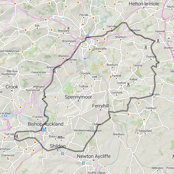 Map miniature of "Ferryhill Explorer" cycling inspiration in Tees Valley and Durham, United Kingdom. Generated by Tarmacs.app cycling route planner
