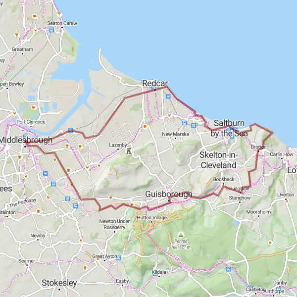 Map miniature of "Redcar to Guisborough Gravel Loop" cycling inspiration in Tees Valley and Durham, United Kingdom. Generated by Tarmacs.app cycling route planner