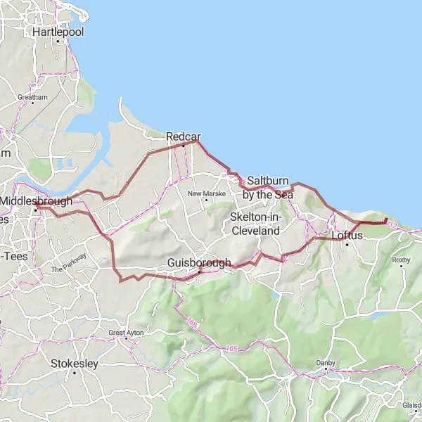 Map miniature of "Guisborough Gravel Adventure" cycling inspiration in Tees Valley and Durham, United Kingdom. Generated by Tarmacs.app cycling route planner