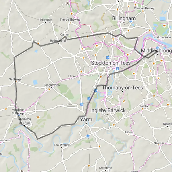 Map miniature of "Yarm and Sadberge Loop" cycling inspiration in Tees Valley and Durham, United Kingdom. Generated by Tarmacs.app cycling route planner