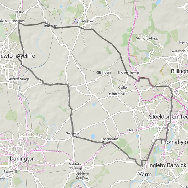 Map miniature of "The Rushyford Ride" cycling inspiration in Tees Valley and Durham, United Kingdom. Generated by Tarmacs.app cycling route planner