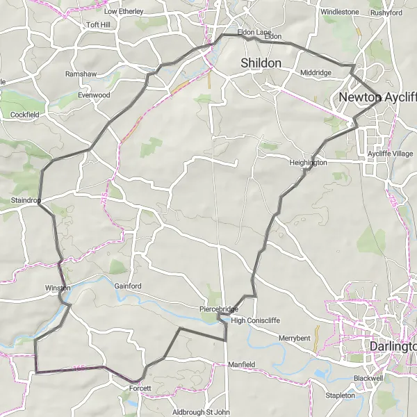 Map miniature of "Heighington and Piercebridge Loop" cycling inspiration in Tees Valley and Durham, United Kingdom. Generated by Tarmacs.app cycling route planner