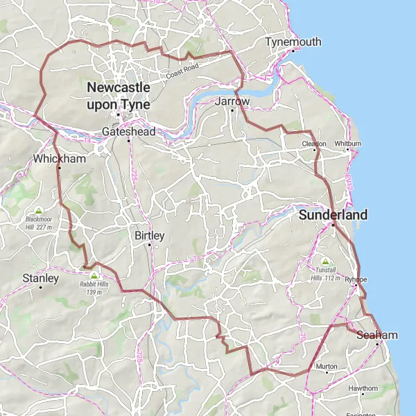 Map miniature of "Hetton-le-Hole Gravel Challenge" cycling inspiration in Tees Valley and Durham, United Kingdom. Generated by Tarmacs.app cycling route planner