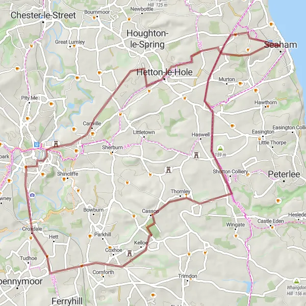 Map miniature of "Seaham to Durham Castle Gravel Route" cycling inspiration in Tees Valley and Durham, United Kingdom. Generated by Tarmacs.app cycling route planner