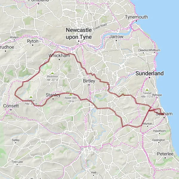 Map miniature of "Seaham to Howly Hill Gravel Expedition" cycling inspiration in Tees Valley and Durham, United Kingdom. Generated by Tarmacs.app cycling route planner