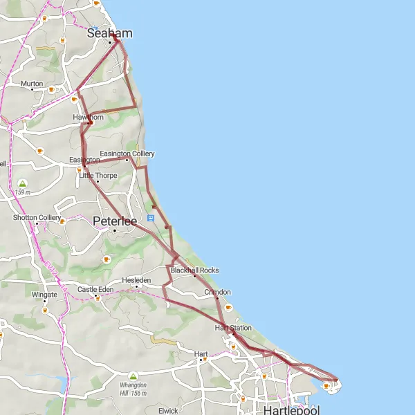 Map miniature of "Seaham Gravel Adventure" cycling inspiration in Tees Valley and Durham, United Kingdom. Generated by Tarmacs.app cycling route planner