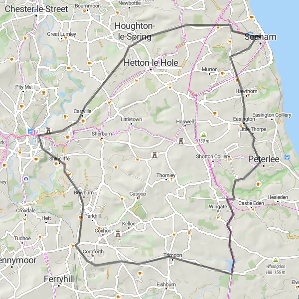 Map miniature of "Durham Castle to Seaton Road Adventure" cycling inspiration in Tees Valley and Durham, United Kingdom. Generated by Tarmacs.app cycling route planner