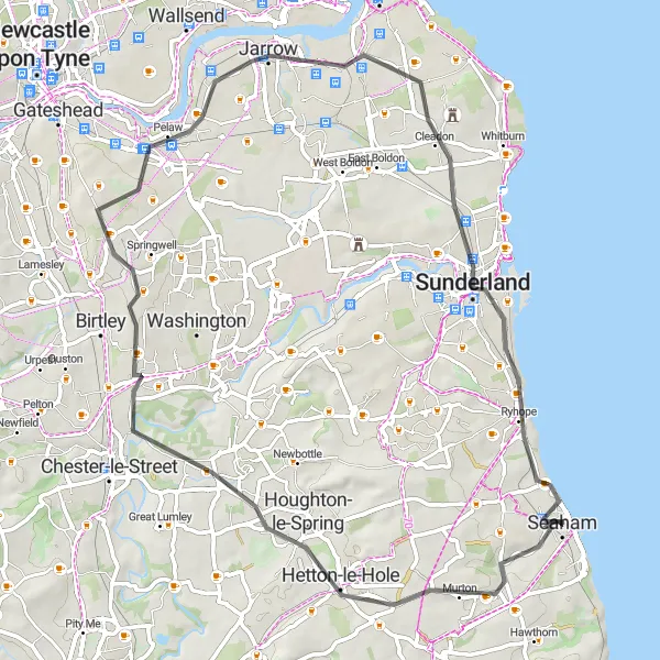 Map miniature of "Scenic Road Ride from Seaham to Monkwearmouth–Jarrow Abbey" cycling inspiration in Tees Valley and Durham, United Kingdom. Generated by Tarmacs.app cycling route planner