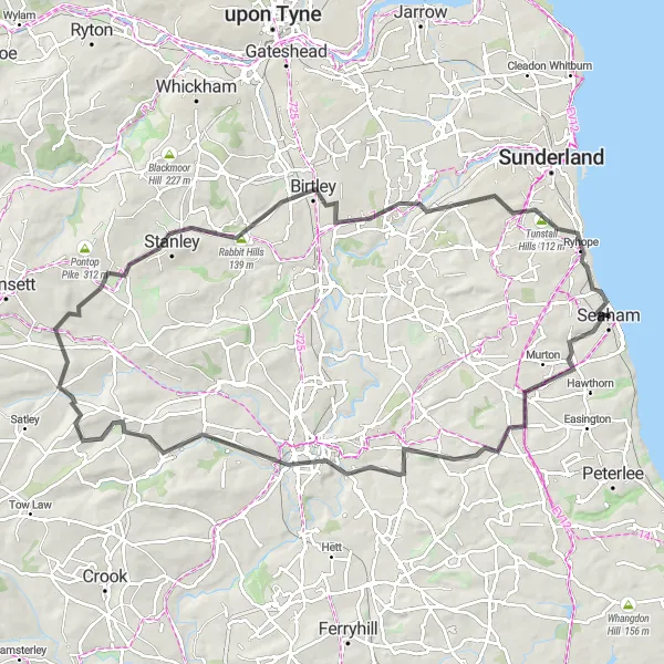 Map miniature of "Durham Castle Road Challenge" cycling inspiration in Tees Valley and Durham, United Kingdom. Generated by Tarmacs.app cycling route planner