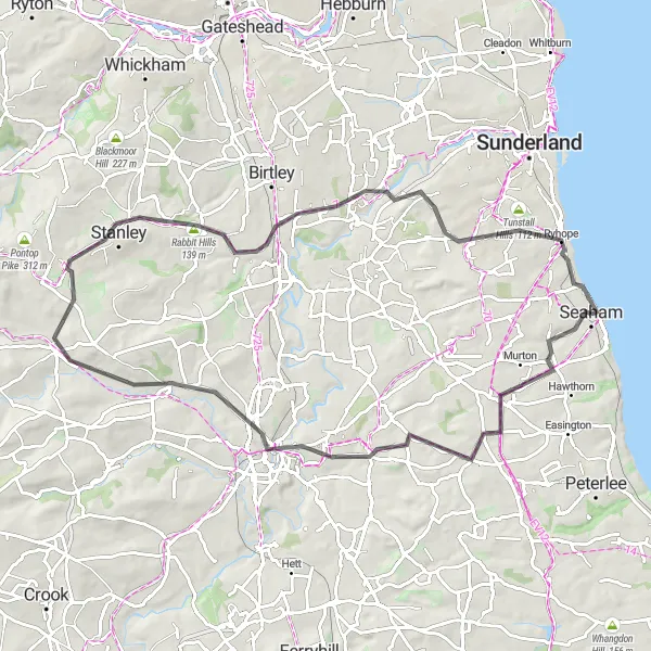 Map miniature of "South Hetton to Durham Castle Road Cycling Route" cycling inspiration in Tees Valley and Durham, United Kingdom. Generated by Tarmacs.app cycling route planner