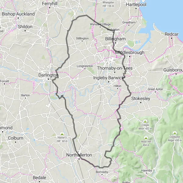Map miniature of "The Tees Valley Loop" cycling inspiration in Tees Valley and Durham, United Kingdom. Generated by Tarmacs.app cycling route planner