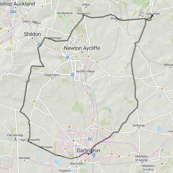 Map miniature of "Great Burdon and Middridge Circuit" cycling inspiration in Tees Valley and Durham, United Kingdom. Generated by Tarmacs.app cycling route planner