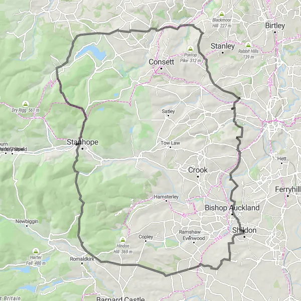 Map miniature of "Teesdale Epic" cycling inspiration in Tees Valley and Durham, United Kingdom. Generated by Tarmacs.app cycling route planner