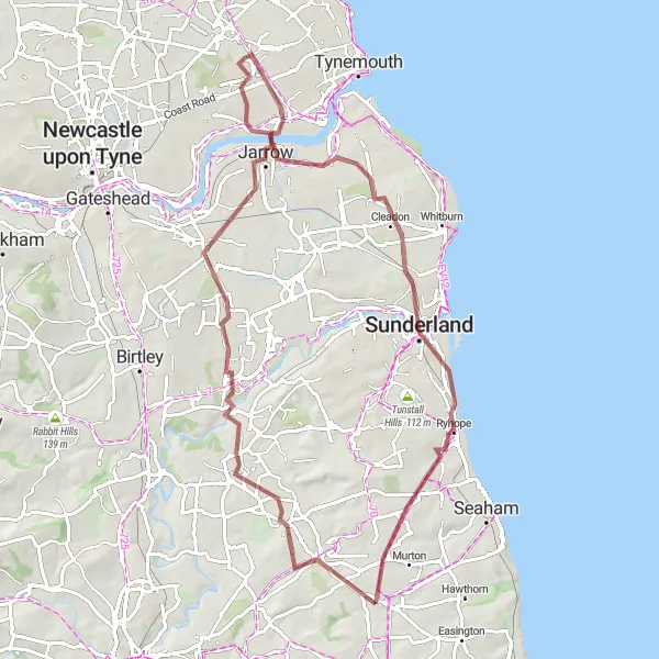 Map miniature of "Hetton-le-Hole Gravel Expedition" cycling inspiration in Tees Valley and Durham, United Kingdom. Generated by Tarmacs.app cycling route planner