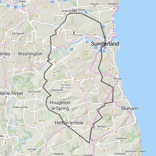 Map miniature of "Hetton-le-Hole and Sunderland Coastal Route" cycling inspiration in Tees Valley and Durham, United Kingdom. Generated by Tarmacs.app cycling route planner