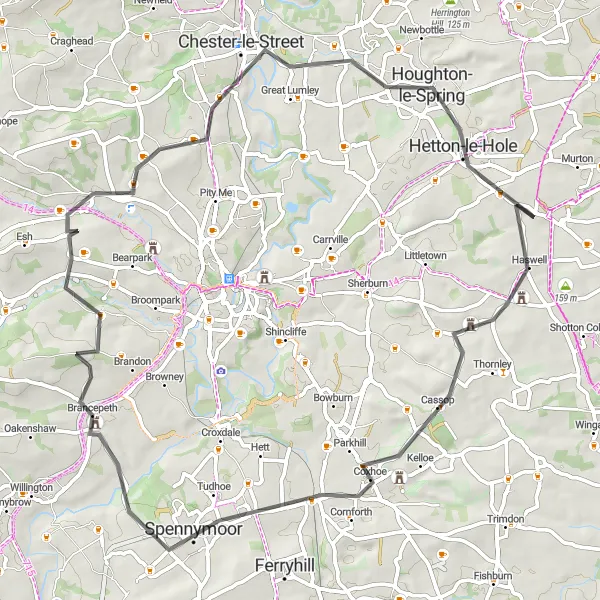 Map miniature of "Brancepeth Castle and Chester-le-Street Adventure" cycling inspiration in Tees Valley and Durham, United Kingdom. Generated by Tarmacs.app cycling route planner