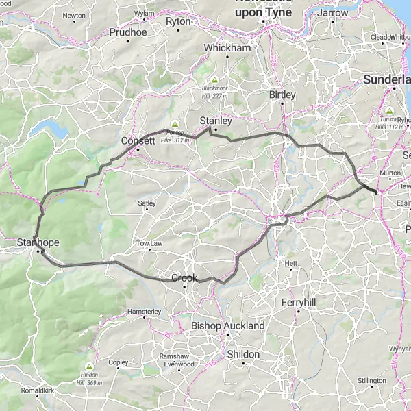 Map miniature of "Tees Valley Epic Road Ride" cycling inspiration in Tees Valley and Durham, United Kingdom. Generated by Tarmacs.app cycling route planner