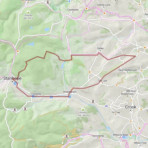 Map miniature of "Frosterley Gravel Loop" cycling inspiration in Tees Valley and Durham, United Kingdom. Generated by Tarmacs.app cycling route planner